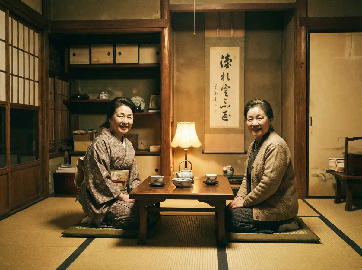 两位优雅的 人妻视频 在日式茶室中品茶交谈